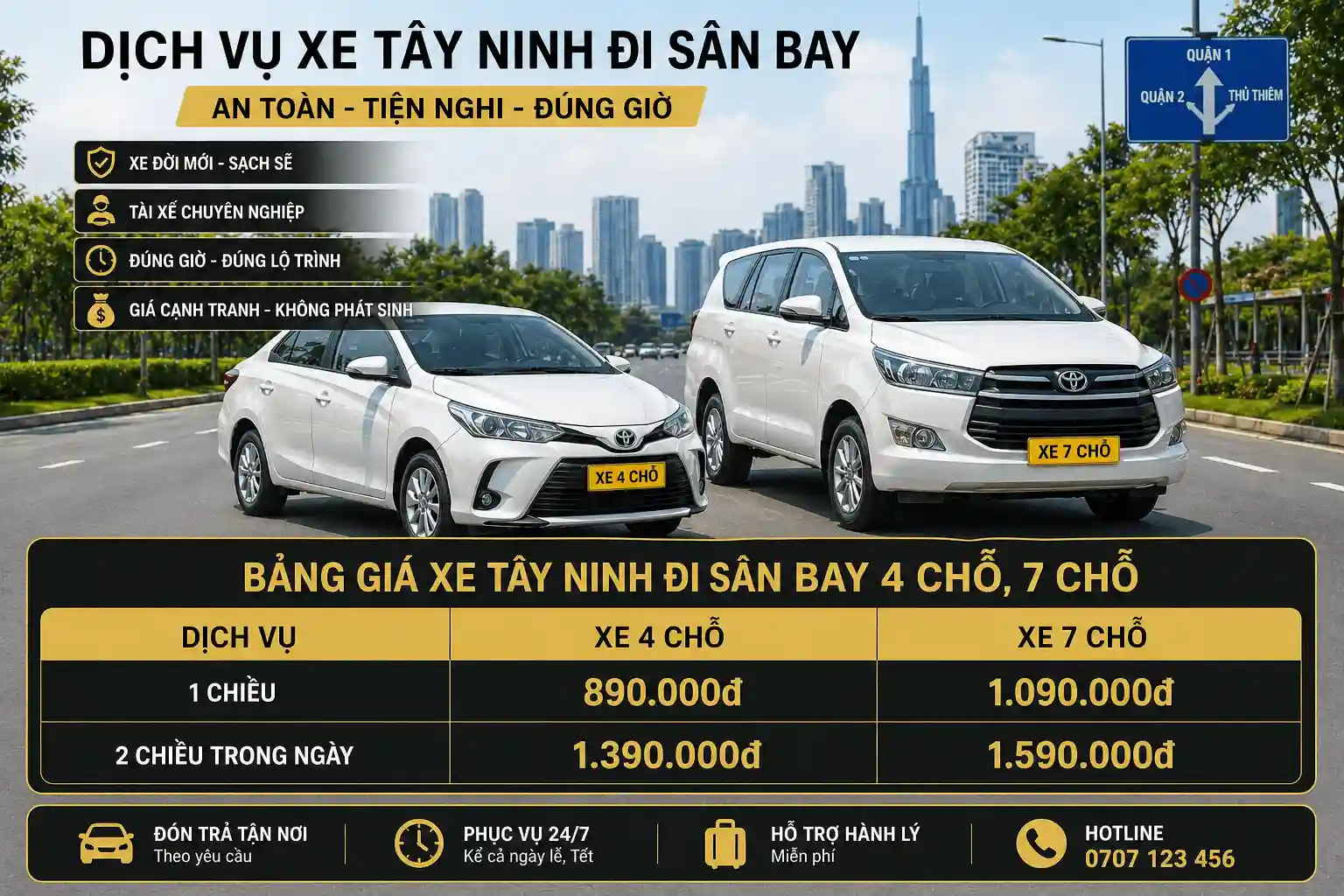 Bảng giá xe Tây Ninh đi sân bay 4 chỗ 7 chỗ