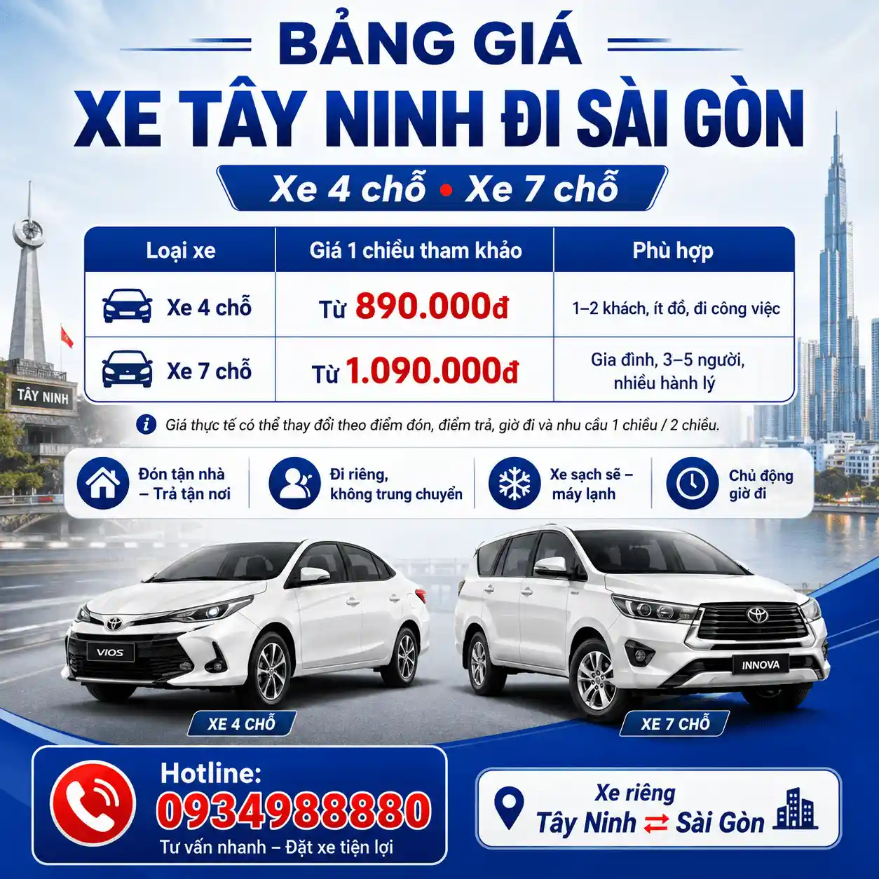 Bảng giá xe Tây Ninh đi Sài Gòn xe 4 chỗ 7 chỗ