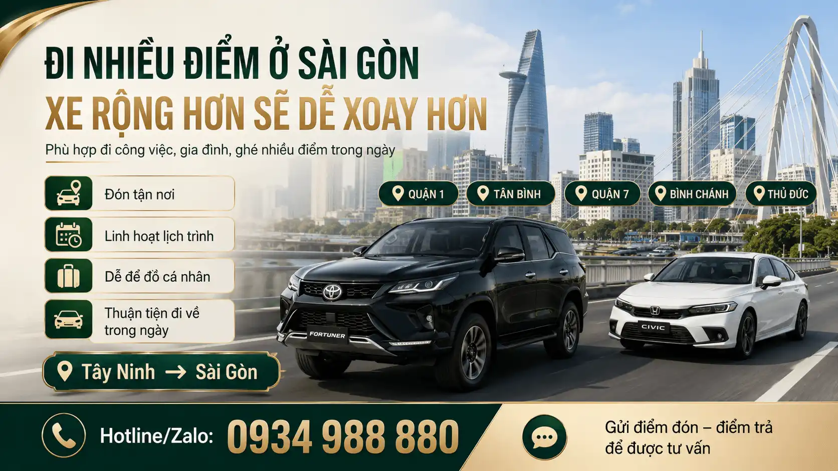 Xe 4 chỗ hay 7 chỗ Tây Ninh đi Sài Gòn
