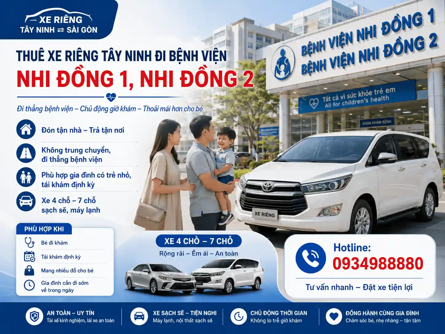 Thuê xe riêng Tây Ninh đi bệnh viện Nhi Đồng và các bệnh viện lớn ở Sài Gòn