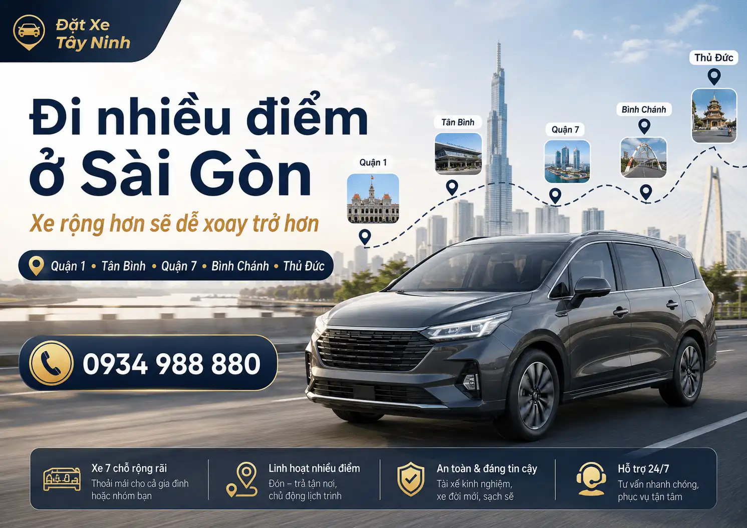 Xe 7 chỗ Tây Ninh đi Quận 1 Tân Bình Quận 7 Bình Chánh Thủ Đức